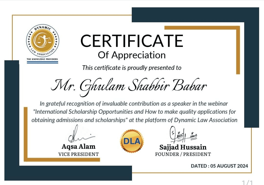Certificate of appreciation, Dynamic Law Association, 2024