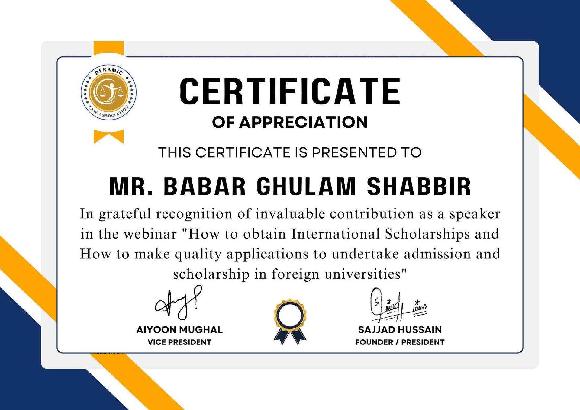 Certificate of appreciation for webinar participation, Dynamic Law Association